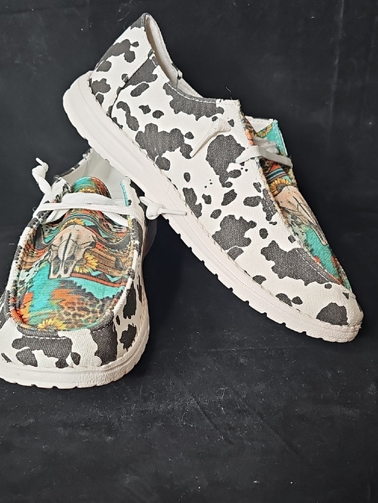 None Shoes - Cow Print Canvas Slip-On Sneakers with Turquoise Western Accent